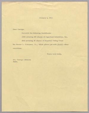 [Letter from Harris Leon Kempner to George Atkinson, January 3, 1962]
