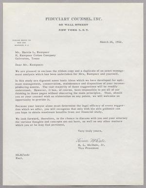 [Letter from H. L. McDade, Jr. to Harris Leon Kempner, March 26, 1962]