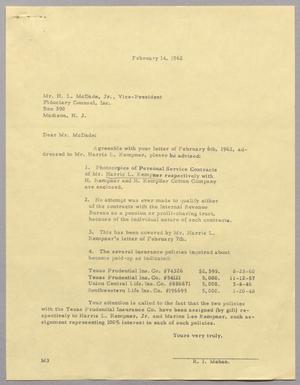[Letter from R. I. Mehan to H. L. McDade, Jr., February 14, 1962]
