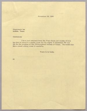 [Letter from Harris Leon Kempner to Stagecoach Inn, November 29, 1962]