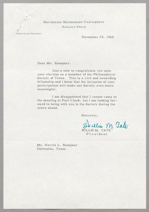 [Letter from Willis M. Tate to Harris Leon Kempner, November 29, 1960]