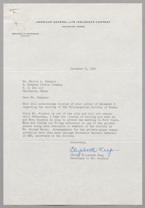 [Letter from Elizabeth Reap to Harris Leon Kempner, December 5, 1960]