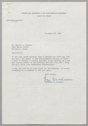 [Letter from Benjamin N. Woodson to Harris Leon Kempner, November 28, 1960]