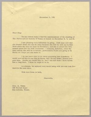 [Letter from Harris L. Kempner to Mrs. E. Tobin, November 3, 1961]