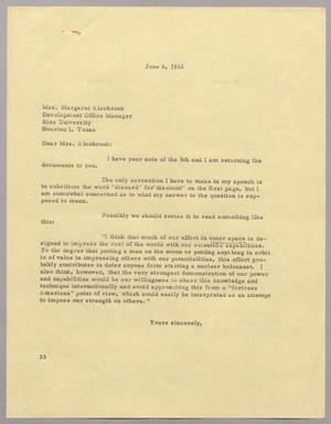 [Letter from Harris Leon Kempner to Mrs. Margaret Alsobrook, June 6, 1962]