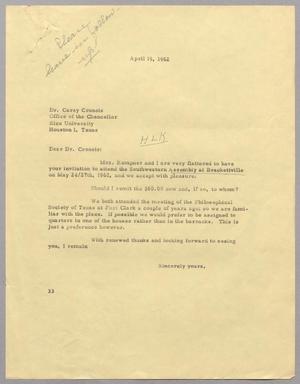 Primary view of object titled '[Letter from Harris Leon Kempner to Carey Croneis, April 19, 1962]'.