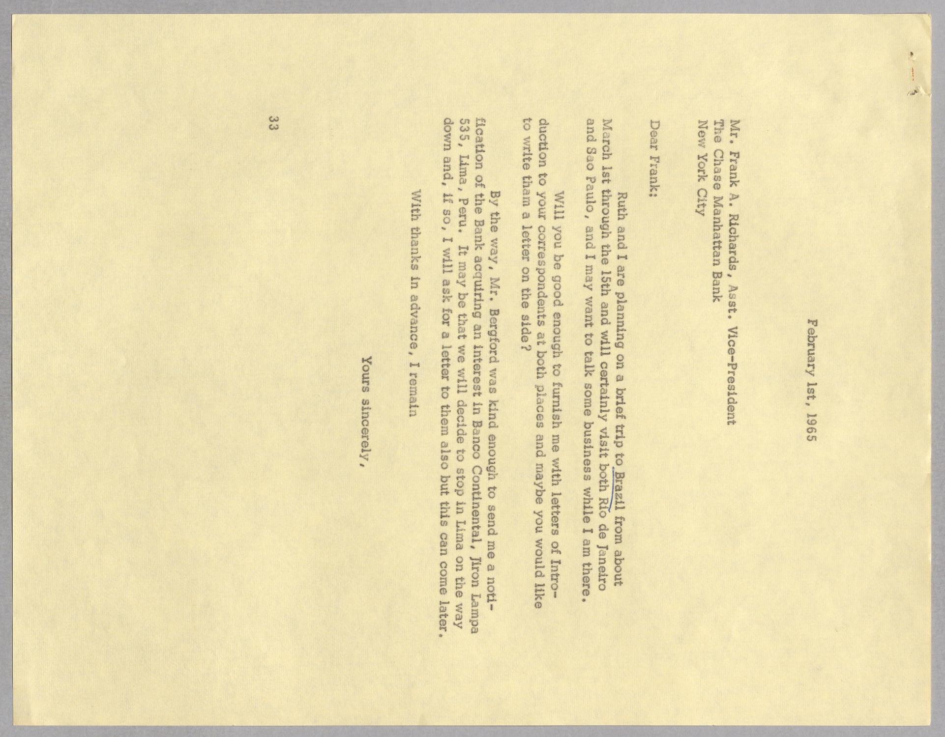 [Letter from Harris L. Kempner to Frank A. Richards, February 1, 1965]
                                                
                                                    [Sequence #]: 1 of 2
                                                