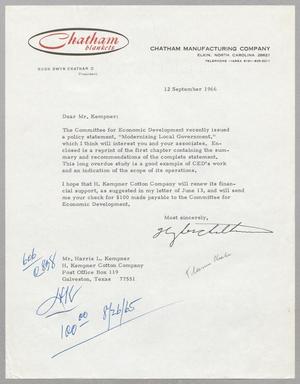 Primary view of object titled '[Letter from Hugh Gwyn Chatham II to Harris L. Kempner, September 12, 1966]'.