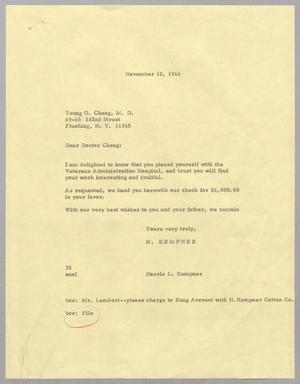 [Letter from Harris L. Kempner to Tsung O. Cheng, November 12, 1966]