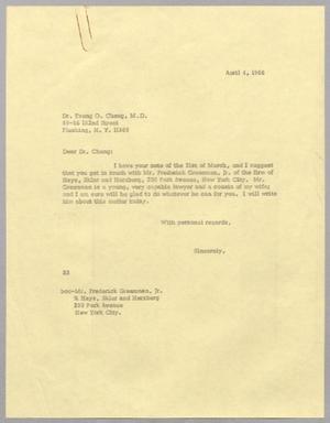 Primary view of object titled '[Letter from Harris L. Kempner to Tsung O. Cheng, April 4, 1966]'.