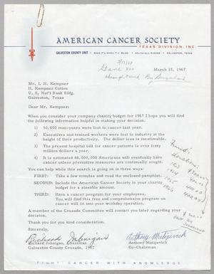 [Letter from Richard Johnigan to Isaac H. Kempner, March 15, 1967]
