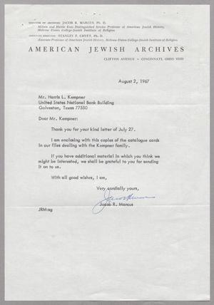 Primary view of object titled '[Letter from the American Jewish Archives to Harris Leon Kempner, August 2, 1967]'.