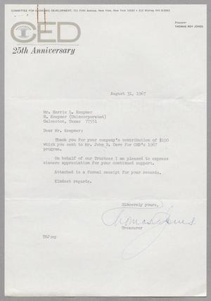 Primary view of object titled '[Letter from Thomas Roy Jones to Harris L. Kempner, August 31, 1967]'.