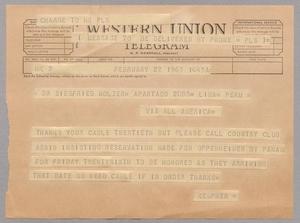 Primary view of object titled '[Telegram from Kempner to Dr. Siegfried Holzer, February 22, 1965]'.