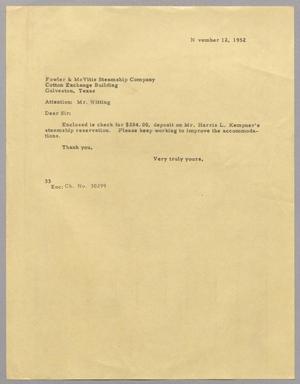 [Letter from Harris Leon Kempner to Fowler & McVitie Steamship Company, November 12, 1952]
