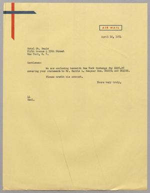[Letter from A. H. Blackshear, Jr. to Hotel St. Regis, April 16, 1954]