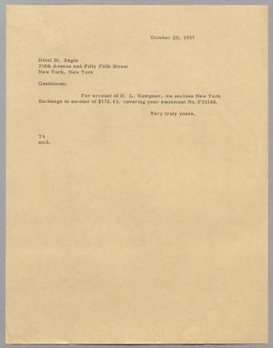 [Letter from T. E. Taylor to Hotel St. Regis, October 23, 1957]