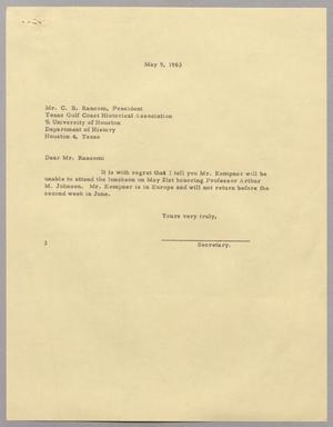 Primary view of object titled '[Letter from Harris Leon Kempner to C. B. Ransom, May 9, 1963]'.
