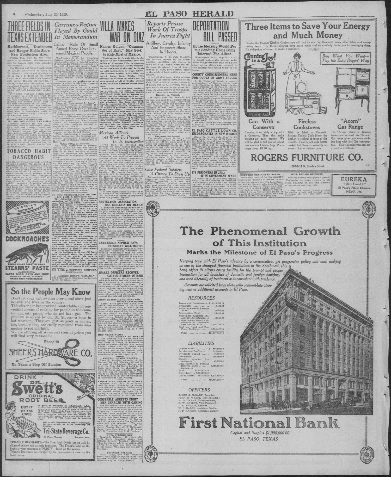 El Paso Herald (El Paso, Tex.), Ed. 1, Wednesday, July 30, 1919
                                                
                                                    [Sequence #]: 4 of 16
                                                