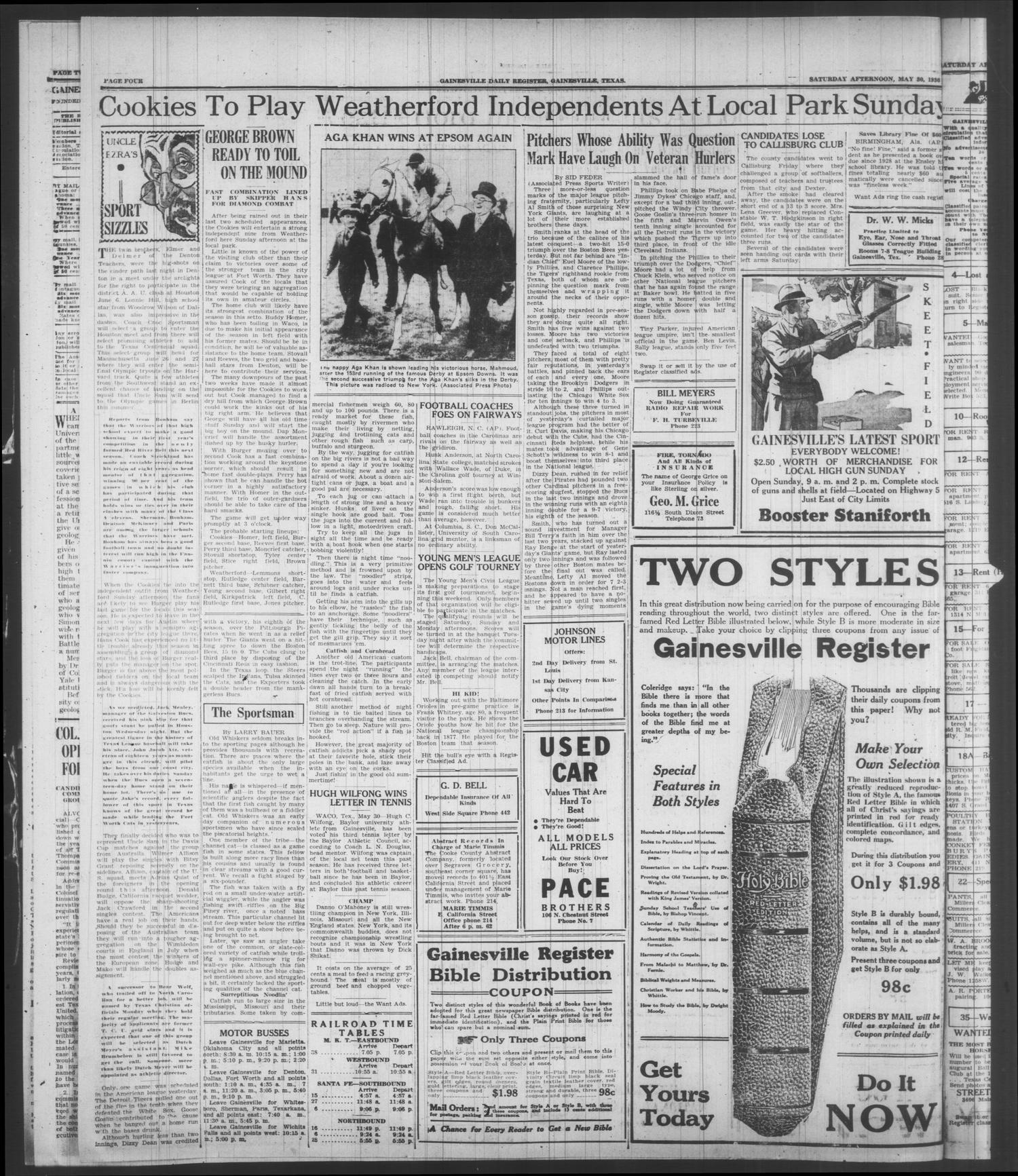 Gainesville Daily Register and Messenger (Gainesville, Tex.), Vol. 46, No. 237, Ed. 1 Saturday, May 30, 1936
                                                
                                                    [Sequence #]: 4 of 6
                                                