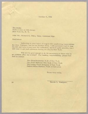 [Letter from Harris Leon Kempner to The Drake Hotel, October 07, 1963]