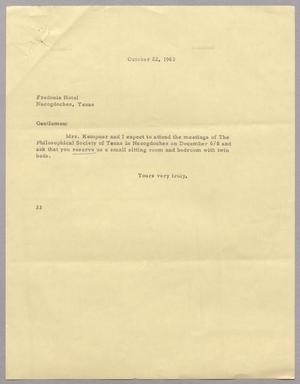 [Letter from Harris Leon Kempner to Fredonia Hotel, October 22, 1963]