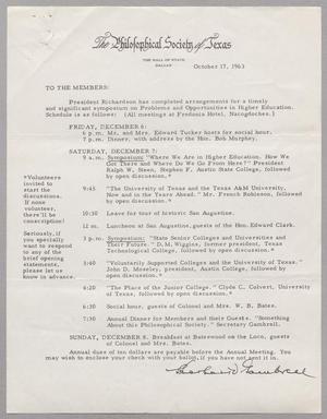 Primary view of object titled '[Letter from The Philosophical Society of Texas, October 17, 1963]'.