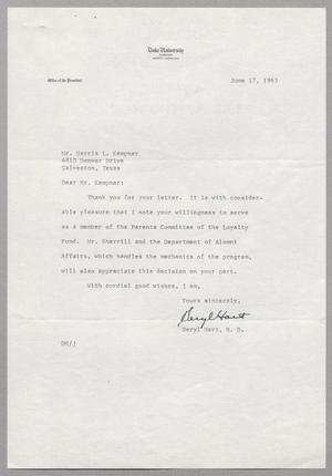 [Letter from Deryl Hart to Harris Leon Kempner , June 17, 1963]