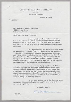 Primary view of object titled '[Letter from L. F. McCollum to Harris Leon Kempner, and Ruth, August 9, 1963]'.