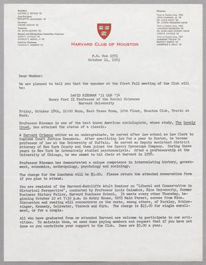 [Letter from the Harvard Club of Houston, October 11, 1963]