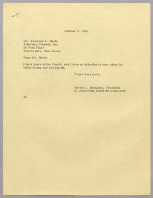 [Letter from Harris Leon Kempner to Raymond E. Hartz, October 07, 1963]