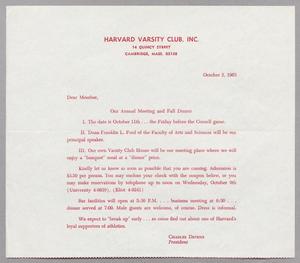 [Letter from Harvard Varsity Club, Inc., October 2, 1963]