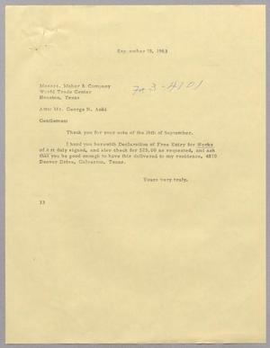 [Letter from Harris Leon Kempner to Messrs. Maher & Company, September 18, 1963]