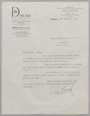 [Letter from David Chemisier to Harris Leon Kempner, September 17, 1963]
