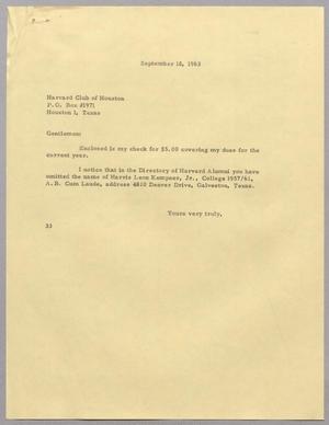 [Letter from Harris Leon Kempner to Harvard Club of Houston, September 18, 1963]