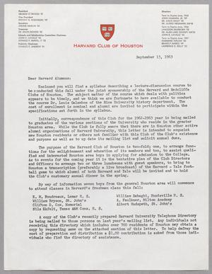 [Letter from the Harvard Club of Houston, September 13, 1963]