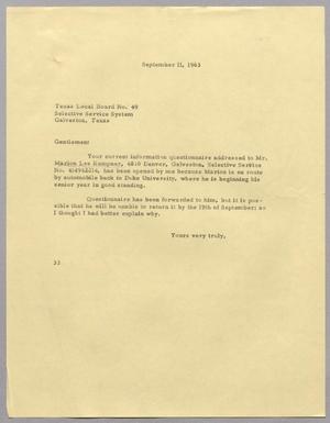 [Letter from Harris L. Kempner to Texas Local Board No. 49 - September 11, 1963]
