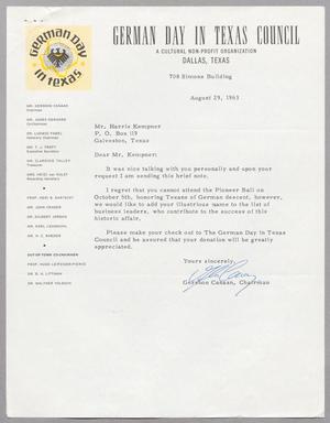 [Letter from Gershon Canaan to Harris Leon Kempner, August 29, 1963]
