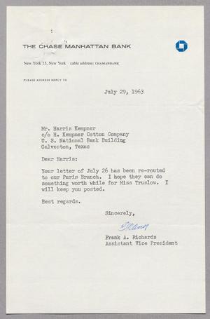 [Letter from Frank A. Richards to Harris Leon Kempner, July 29, 1963]