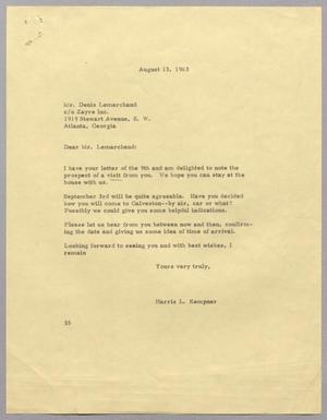 Primary view of object titled '[Letter from Harris Leon Kempner to Denis Lemarchand, August 13, 1963]'.