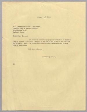 [Letter from Harris Leon Kempner to Gershon Canaan, August 27, 1963]