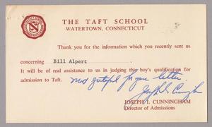 Primary view of object titled '[Postal Card from The Taft School to Harris Leon Kempner, August 27, 1963 ]'.