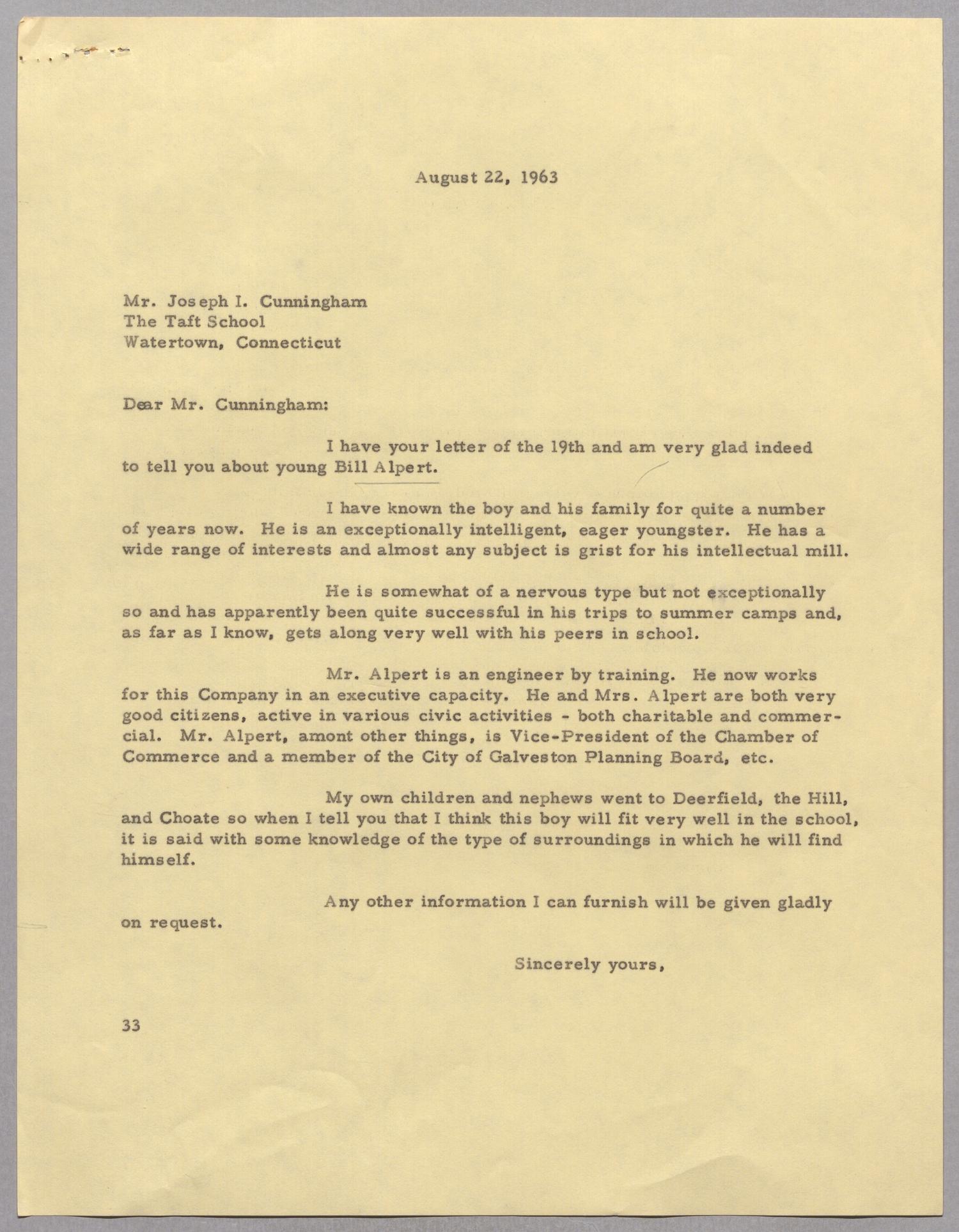 [Letter from Harris Leon Kempner to Joseph I. Cunningham, August 22, 1963]
                                                
                                                    [Sequence #]: 1 of 2
                                                