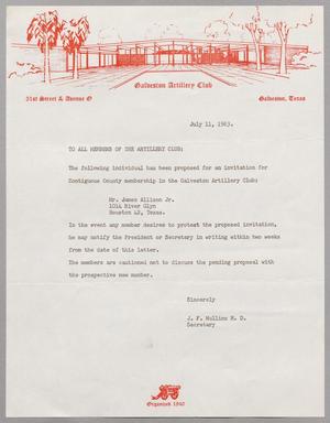 [Letter from Galveston Artillery Club to all members, July 11, 1963]