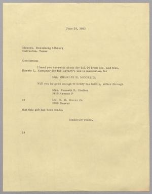 [Letter from Harris Leon Kempner to Messrs. Rosenberg Library, June 26, 1963]