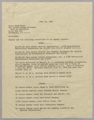 [Letter from Marion Lee Kempner to The United States National Bank of Galveston, June 19, 1963]