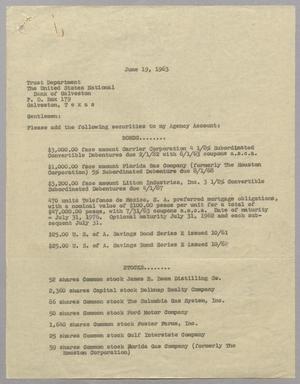 [Letter from Marion Lee Kempner to The United States National Bank of Galveston, June 19, 1963]