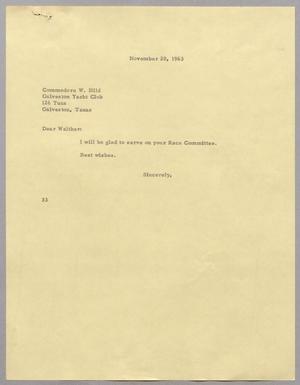 [Letter from Harris Leon Kemper to Commodore W. Hild, November 20, 1963]