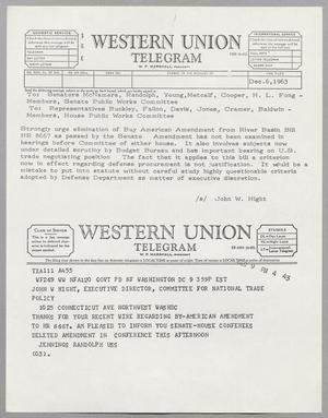 [Copies of Telegrams from John W. Hight and Jennings Randolph]
