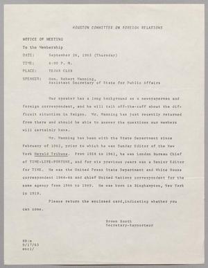 Primary view of object titled '[Letter from Brown Booth of Houston Committee on Foreign Relations to the members, September 17, 1963]'.